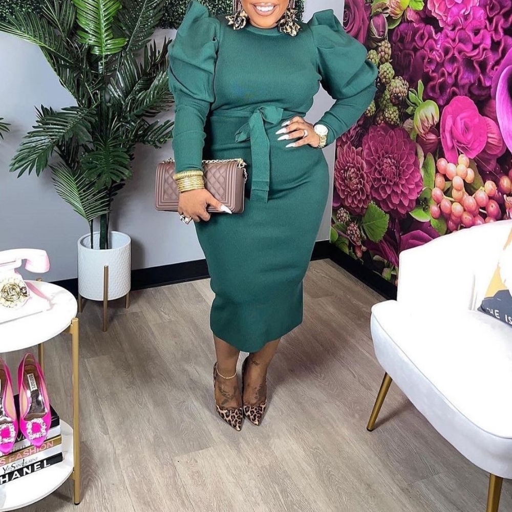 Green Puff Sleeve Bodycon Dress